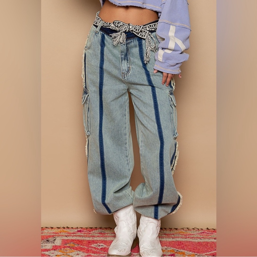 POL Light Blue Denim Cargo Track Pants with Dark Blue Stripes